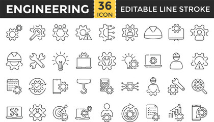 ngineering line icon set. Technology and development signs. Engineering outline icons collection, Pixel Perfect, Editable Stroke. Industrial automation, engineering, manufacturing, mechanical process,