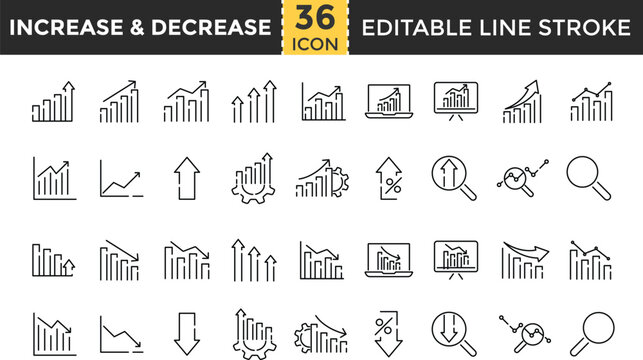 Increase and decrease line icon set.  Pixel perfect. Profit, stock market, growth, fall, arrow up, down collection. financial chart, increase profit symbol, Business graphs related icons. 