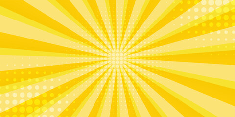 Yellow abstract background with light of sunburst. yellow starburst with halftone. sun ray retro background with flash