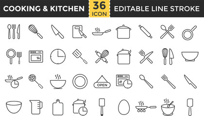 Cooking kitchen Editable stroke line icon set. Pixel perfect  representing kitchen and cooking icons collection. Essential Restaurant Culinary icons Collection. Includes pot, bowl, knife, fork choppin