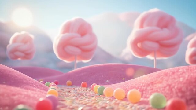 Whimsical candyland scene with lollipops cotton candy clouds and gingerbread archway