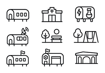 Community Infrastructure Icons. Outline icon set of Community infrastructure and buildings: modular homes,
