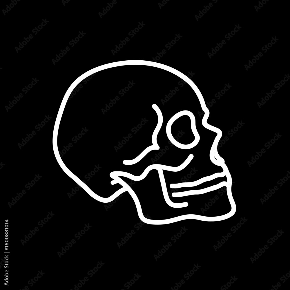 Poster white skull outline displays anatomically in stark minimalism on dark background symbol design