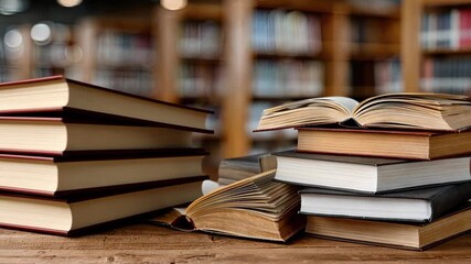 Stack of open and closed books on wooden table in bustling library with shelves filled with more books