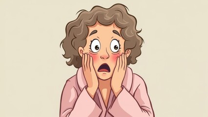 A old woman with curly brown hair appears surprised while covering her face with her hands in a soft pink robe.