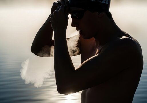 Silhouette of male swimmer exhaling vapor in cold morning light by waterfront