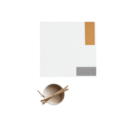 Square white surface with muted colors, a small bowl with chopsticks, and a muted colored rectangle
