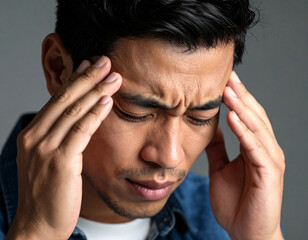 Fototapeta premium Japanese Man Holding Temples Due to Headache 頭痛でこめかみを押さえる日本人男性