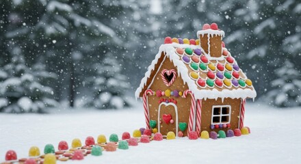 A gingerbread house decorated with colorful candies sits in a snowy landscape, with a trail of candies leading to it.