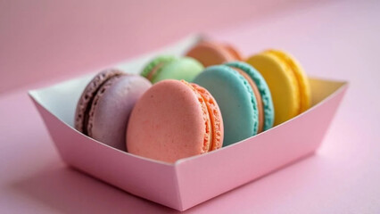 Colorful macarons on pastel background