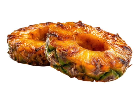 Two grilled pineapple rings, golden-brown, with caramelized edges, slightly overlapping