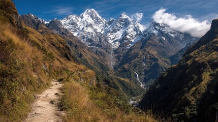 Fototapeta premium Mountain Valley Trail With Snowy Peaks