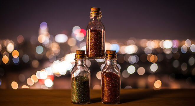 Bottles Filled with Glitter Sparkles on a Tabletop Against Bokeh City Lights Creating a Festive Atmosphere