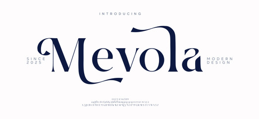 Mevola Minimal luxury font alphabet logo. Typography beauty fashion elegant minimalist serif italic fonts decorative wedding vintage retro logos. vector illustration