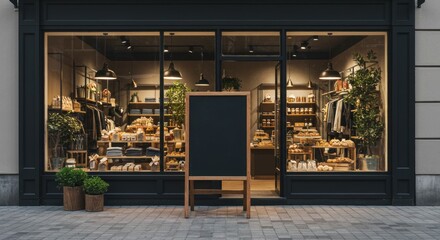 A modern bakery shop with large windows, displaying baked goods and a blank chalkboard menu board.