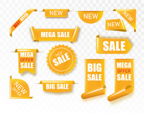 Golden satin ribbon tag. Gold textile label for sale promotion text. Discount and special offer badge. Vector