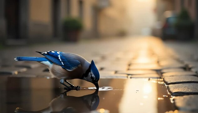 Blue jay drinking from puddle