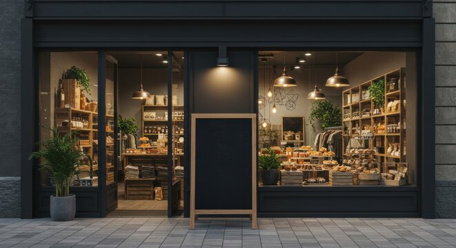 A bakery shop with a dark facade, displaying various baked goods and treats in its window. A blank chalkboard stands outside.