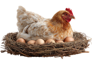 Hen and eggs in a nest