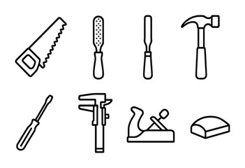 Obraz premium Woodworking Tools Icons. Outline icon set of woodworking tools for instrument making: saw, rasp, file, hammer,