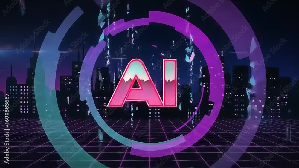 Poster retro ai cityscape: glowing rings and grid in neon synthwave animation