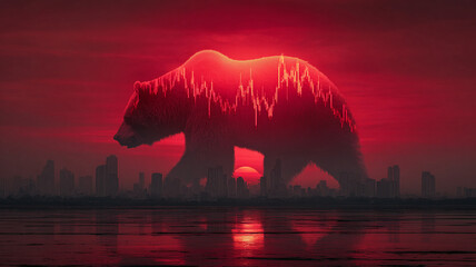 Bear silhouette with stock market chart overlay symbolizes finance market shock against red sunset cityscape background