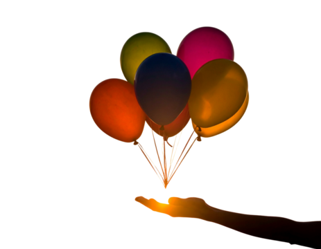  Silhouette of Hand Letting Go of Balloons at Sunset, Warm Tones and Dramatic Light, Transparent Background