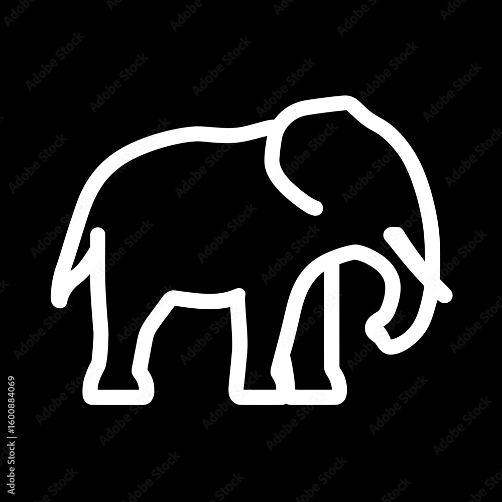 Poster white elephant walks forward isolated against black background simple representation outline style a
