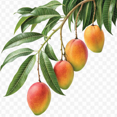 realistic fresh mango hanging from a branch with green leaves in a natural setting isolated on transparent background