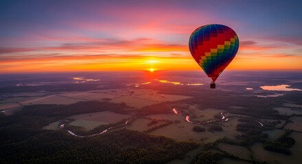 Obraz premium Hot air balloon at sunrise with colorful sky and scenic landscape photo