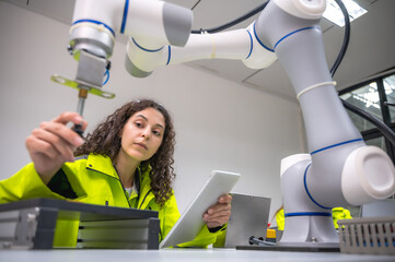 Female robotic programmer working on robot arm upgrade programming software and analyzing automate...
