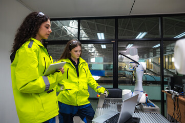 Caucasian female robotic technicians working on artificial intelligent robot arm for machine...