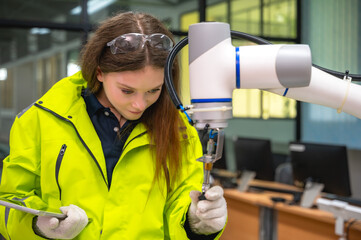 Caucasian female robot arm programmer working on automated AI robotic arm upgrade software and...