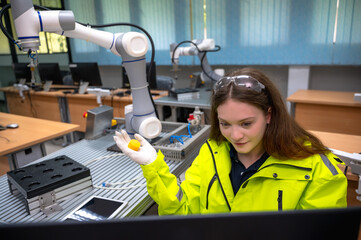 Caucasian female robot arm programmer working on automated AI robotic arm upgrade software and...