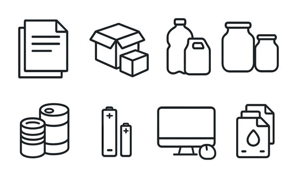 Recycling Icons Collection. Outline icon set of recyclable materials in classroom: paper sheets, cardboard