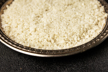 Food salt crystals sea food salt spices food additive gourmet food background on the table rustic food top view copy space