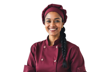 Confident Chef in Burgundy Uniform — Indian Woman Medium Shot 70mm