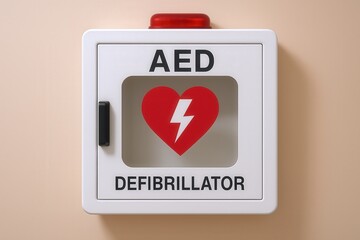 Wall-mounted AED defibrillator with heart and lightning symbol in case
