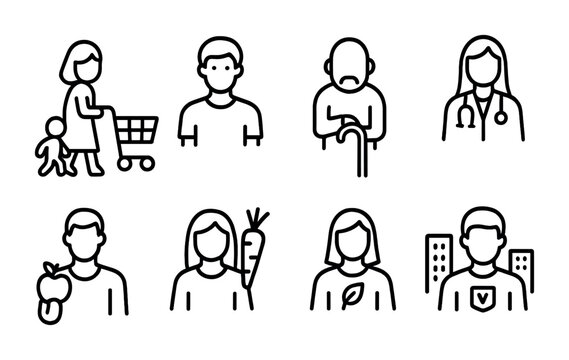 Demographic Icons Set. Outline icon set of consumer demographics in organic market: family shopper, young