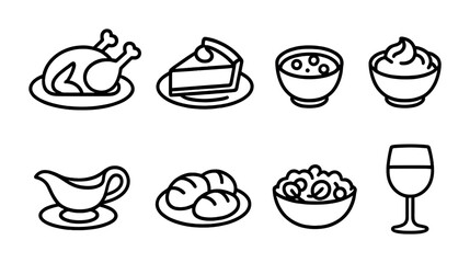 Traditional Meal Icons. Outline icon set of traditional meals: roast turkey, pumpkin pie, cranberry sauce,