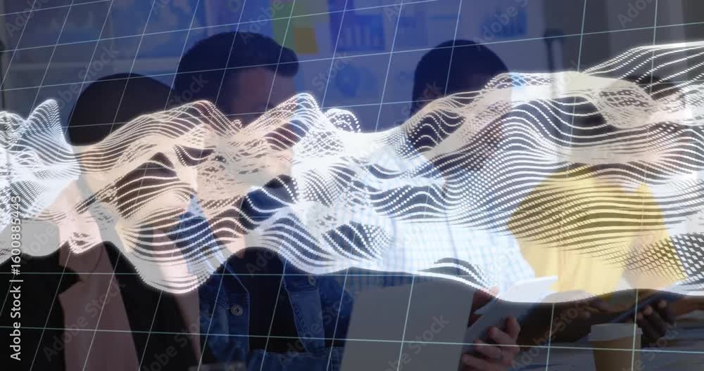 Poster three colleagues leaning, scrolling tablet for data review with animated wave drifting from left