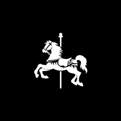 Obraz premium White horse rotates cheerfully on black background carnival graphic