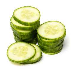 Photo of sliced green ripe natural organic cucumber isolated on white background