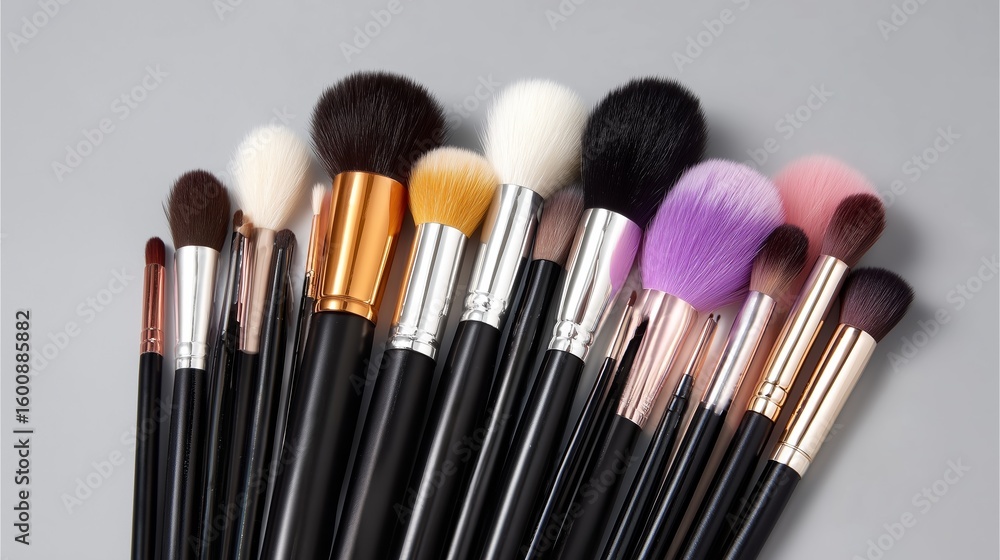 Poster collection of makeup brushes arranged neatly on a gray surface with varying shapes and bristle types
