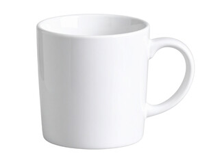  Angled View of White Coffee Mug with Curved Handle and Soft Shadows, Transparent Background