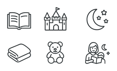 Bedtime Stories Icons. Outline icon set of bedtime stories: open book, fairy tale castle, sleeping child, moon