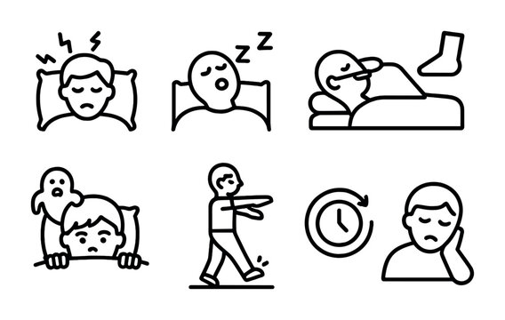 Sleep Disorder Icons. Outline icon set of sleep disorders: insomnia, snoring, sleep apnea, restless legs,