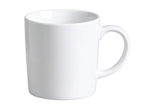  Angled View of White Coffee Mug with Curved Handle and Soft Shadows, Transparent Background