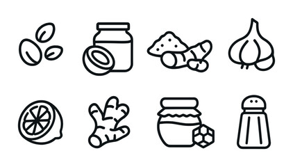 Alternative Cooking Icons. Outline icon set of alternative cooking ingredients: hemp seeds, coconut oil,