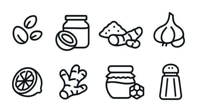 Alternative Cooking Icons. Outline icon set of alternative cooking ingredients: hemp seeds, coconut oil,